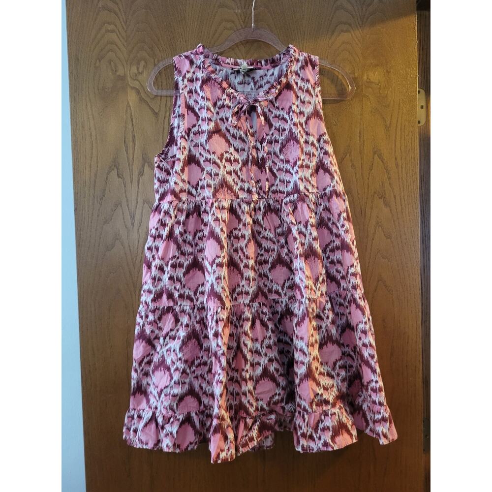 Tuckernuck Pink Tie Neck Print 100% Cotton Tiered Ruffle Mini Dress EUC Small